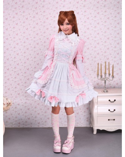 Pink And White Turndown Collar Front Tie Cotton Lolita Dress Sweet Fall Tea Party