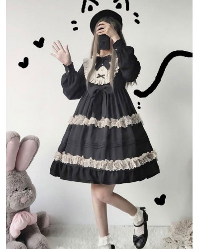 Classic Lolita OP Dress Ruffles Bow Lace Lolita One Piece Dresses Classic  Traditional Spring Summer Fall Winter Tea Party