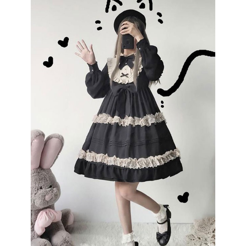 Classic Lolita OP Dress Ruffles Bow Lace Lolita One Piece Dresses Classic  Traditional Spring Summer Fall Winter Tea Party