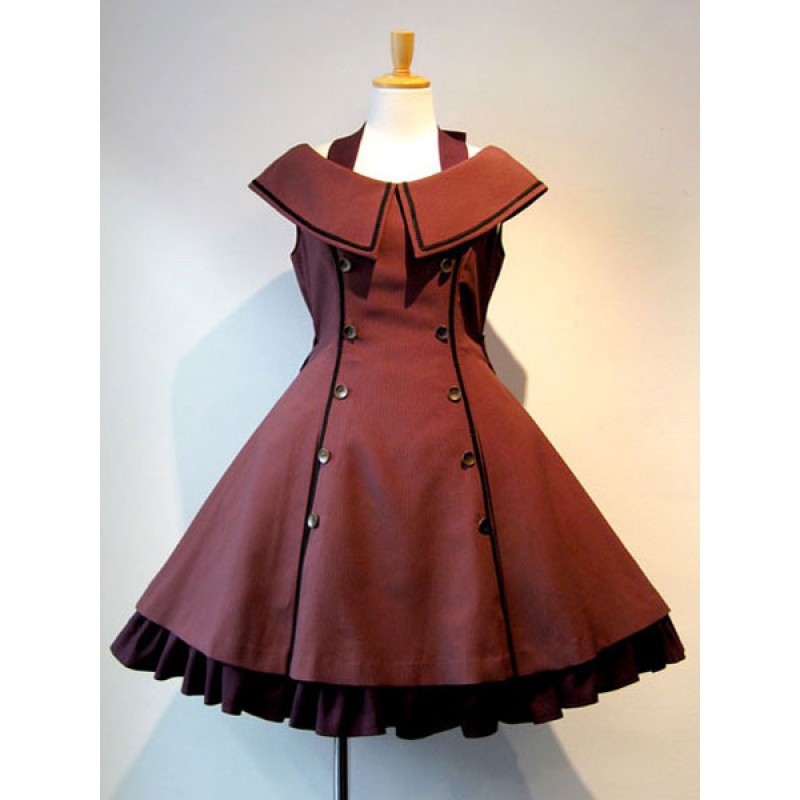 Lolita JSK Dress Military Style Ruffle Button Bow Two Tone Burgundy Lolita Jumper Skirt Gothic Summer Daily Casual Tea Party