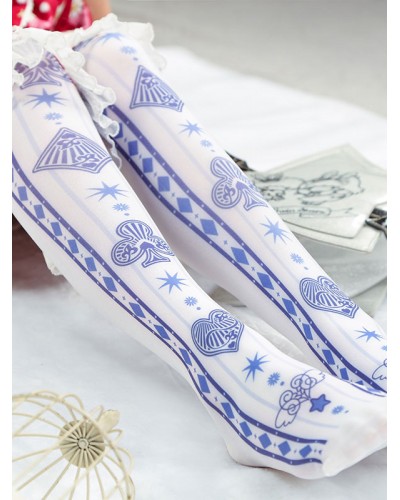 White Lolita Socks Poker Print Cotton Lolita Knee High Socks