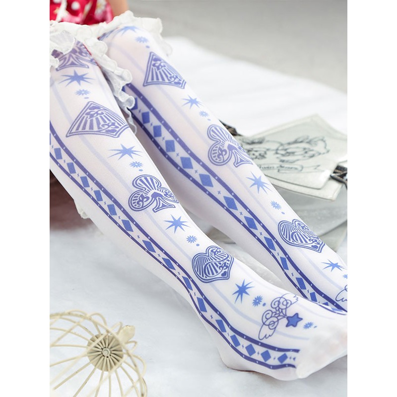 White Lolita Socks Poker Print Cotton Lolita Knee High Socks