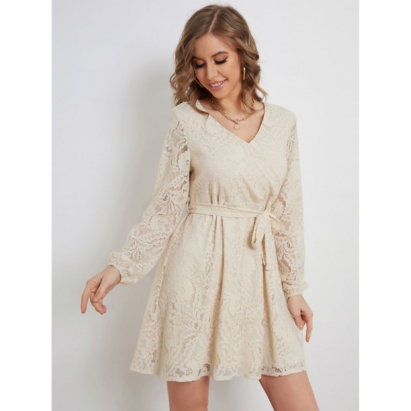 Lace Up V-Neck Long Sleeves Lace Dresses Vintage Daily Casual