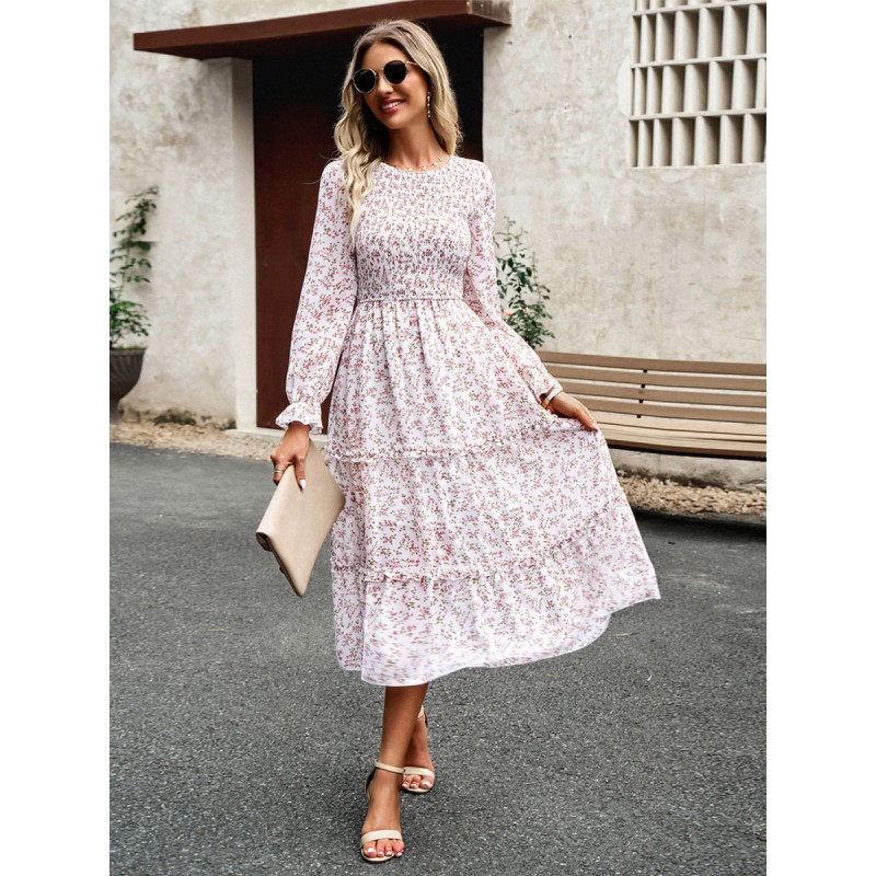 Floral Dress Layered Jewel Neck Long Sleeves Fall Midi Dress Bodycon Daily Casual