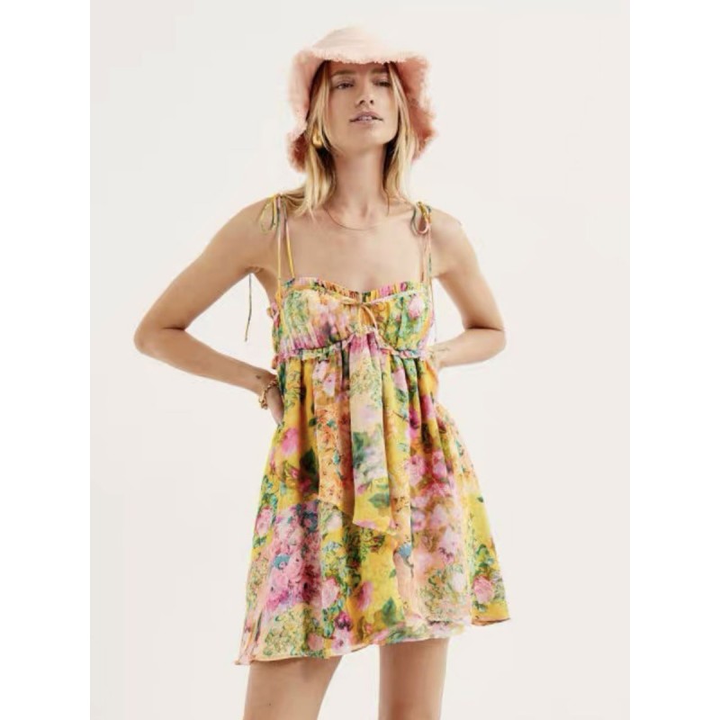 Women Floral Dress Sleeveless Straps Neck Casual Layered Adjustable Straps Ruffles Backless Short Summer Mini Street Wear Daily Casual Resort Wear