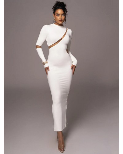 Dresses White Long Sleeves Split Front Chic Jewel Neck High-slit Slim Fit Dress Sheath Dress Bodycon Street Wear Party Dating