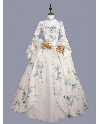 Women White Costumes Bows Polyester Floral Print Marie Antoinette Costume Dress 's Masquerade Ball Gown Tunic Retro