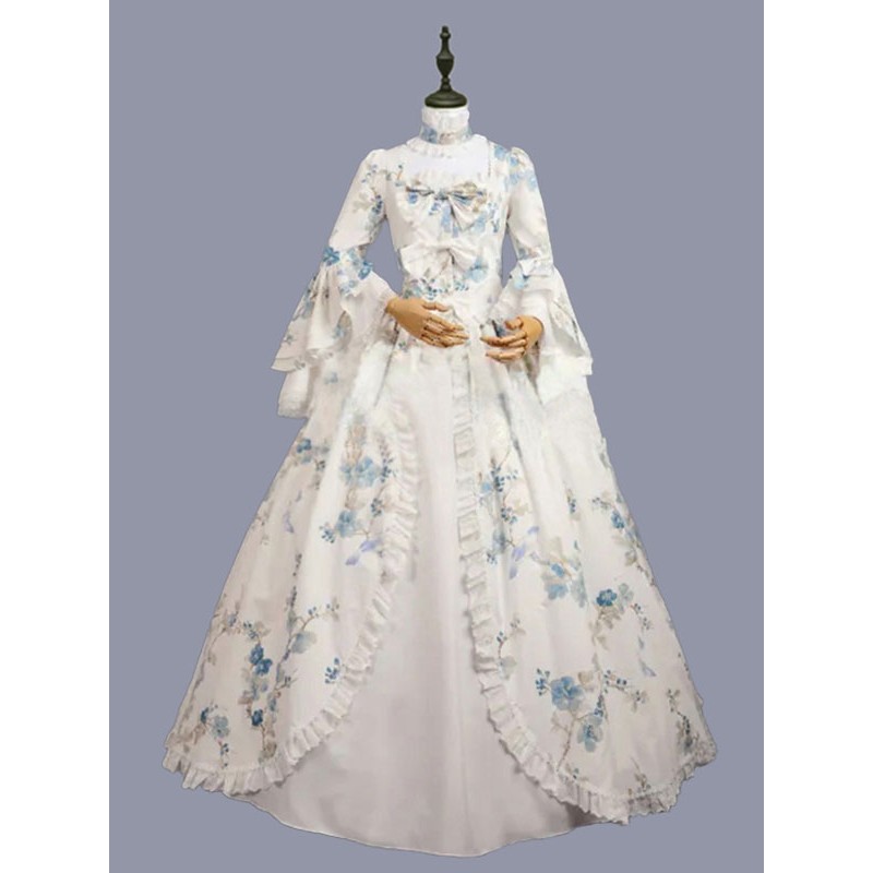 Women White Costumes Bows Polyester Floral Print Marie Antoinette Costume Dress 's Masquerade Ball Gown Tunic Retro