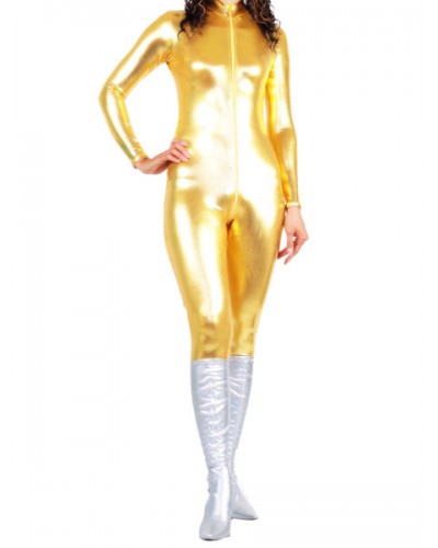 Golden Two-Tone Shiny Metallic Fabric Catsuit Unisex Body Suit Bodysuit Solid