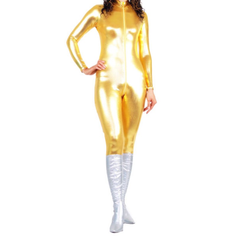 Golden Two-Tone Shiny Metallic Fabric Catsuit Unisex Body Suit Bodysuit Solid