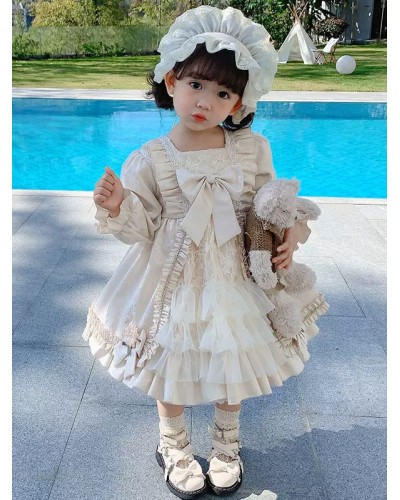 Polyester Daily Casual Lace Long Sleeves Polyester Winter Dress Sweet Ecru White Kids' Lolita Dresses