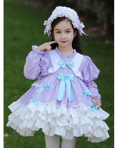 Polyester Tea Party Bows Long Sleeves Cotton Fall Dress Sweet Lavender Kids' Lolita Dresses