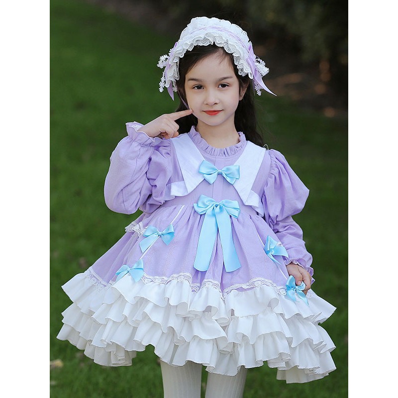 Polyester Tea Party Bows Long Sleeves Cotton Fall Dress Sweet Lavender Kids' Lolita Dresses