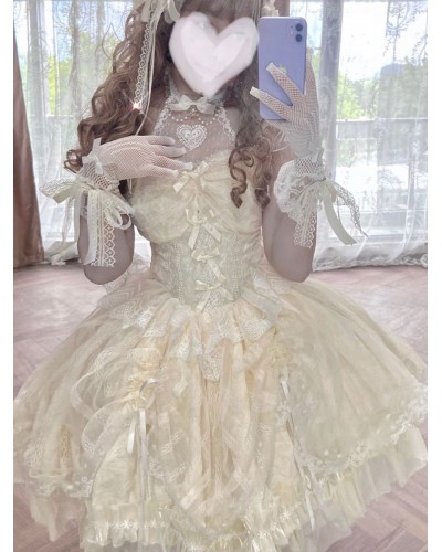 Sweet Lolita JSK Dress Ecru White Sleeveless Pearls Lace Lolita Jumper Skirts