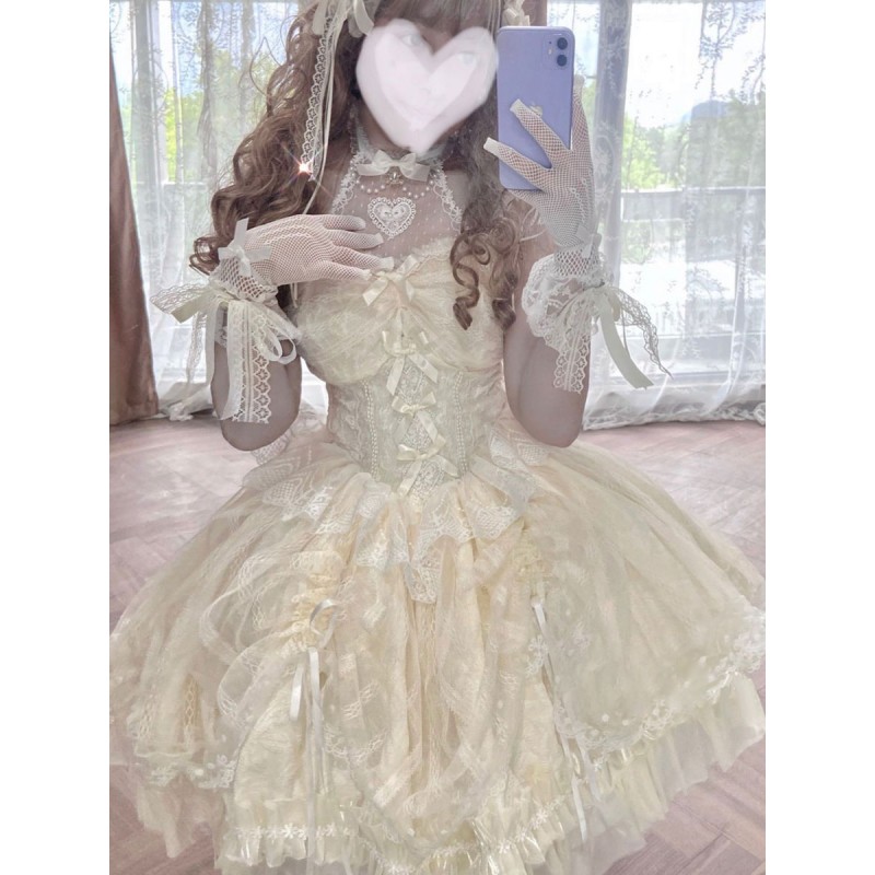 Sweet Lolita JSK Dress Ecru White Sleeveless Pearls Lace Lolita Jumper Skirts