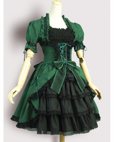 Gothic Lolita OP One Piece Dress Square Neck Short Sleeve Lace Up Ruffles Green Lolita Dress