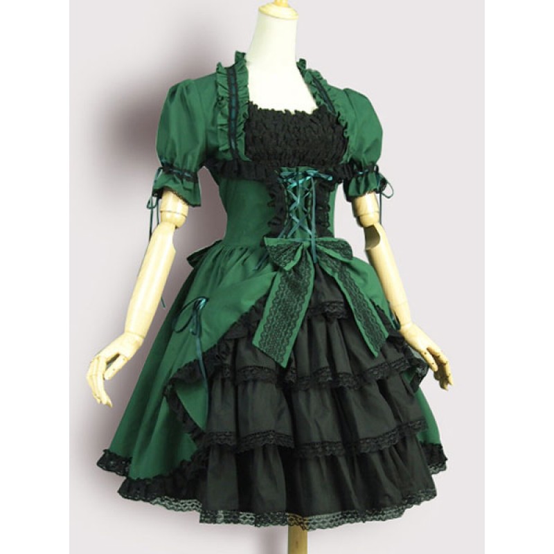 Gothic Lolita OP One Piece Dress Square Neck Short Sleeve Lace Up Ruffles Green Lolita Dress