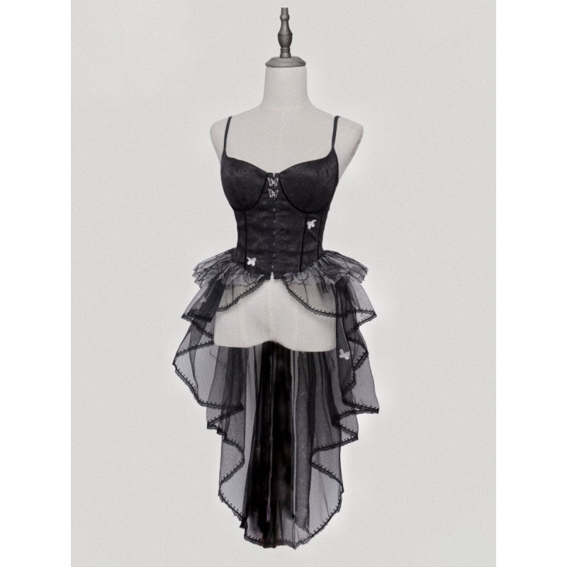 Lolita Corset For Women Black Ruffles Polyester Tops Steampunk Gothic Daily Casual Tea Party