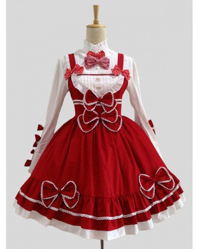 Lolita Outfits Long Sleeve Stand Collar Bows Lolita Top With Red Ruffles A Line Jumper Dress Sets Sweet Tea Party