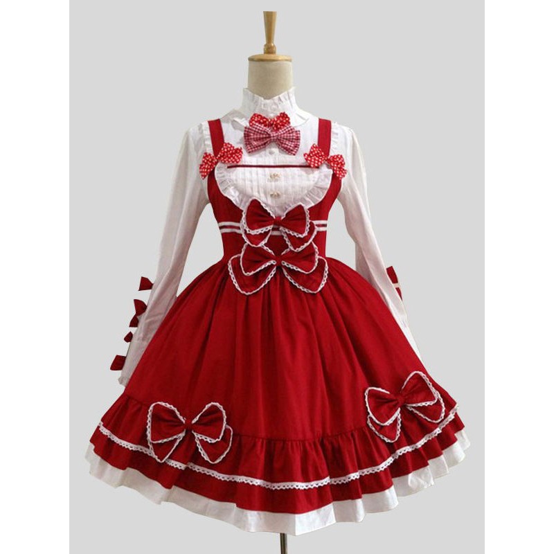 Lolita Outfits Long Sleeve Stand Collar Bows Lolita Top With Red Ruffles A Line Jumper Dress Sets Sweet Tea Party