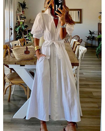 Women Long Dress White Turndown Collar Half Sleeves Pleated Buttons Lace Up Dress Maxi Resort Wear