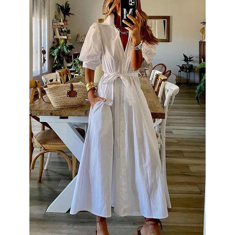 Women Long Dress White Turndown Collar Half Sleeves Pleated Buttons Lace Up Dress Maxi Resort Wear