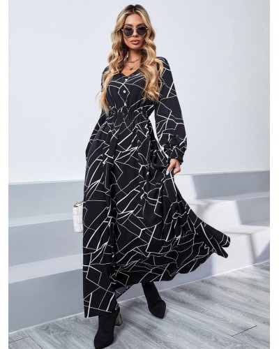 Maxi Dresses V-Neck Long Sleeves Chic Geometric Dress For Women Bodycon Spring Fall