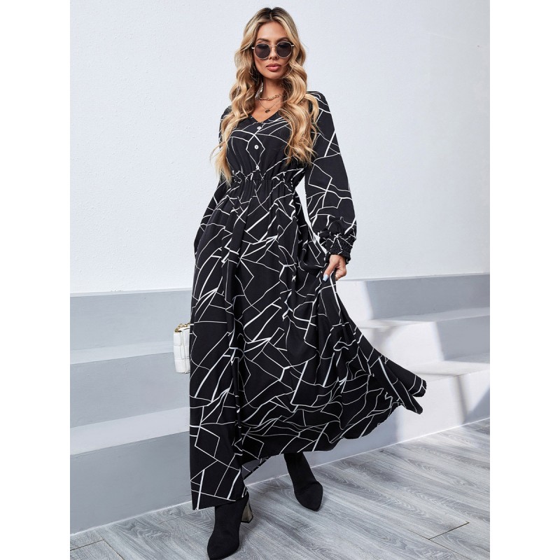 Maxi Dresses V-Neck Long Sleeves Chic Geometric Dress For Women Bodycon Spring Fall