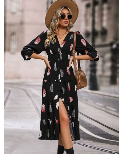 Midi Dress V-Neck Feather Print Long Sleeves Dress For Women Bodycon Spring Fall