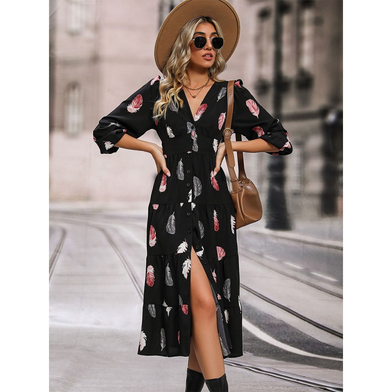 Midi Dress V-Neck Feather Print Long Sleeves Dress For Women Bodycon Spring Fall