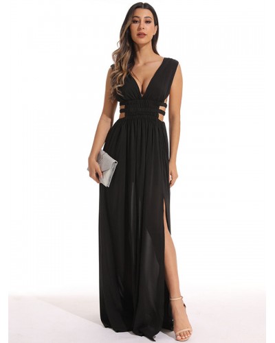 Dresses White V-Neck Split Front Sleeveless High-slit Semi Formal Dress Summer Party Resort Wear