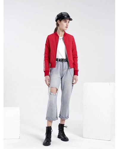 Bomber Jacket Stand Collar Baseball Jacket Red Two Tone Zip Up Spring Fall Cotton Filled Street Outerwear For Women Casual