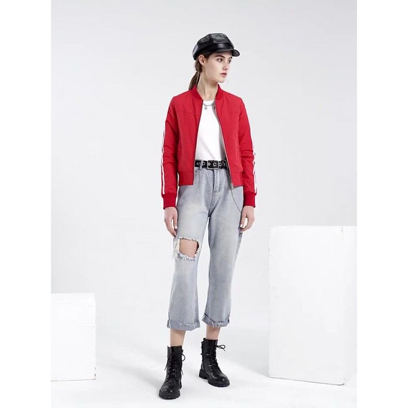 Bomber Jacket Stand Collar Baseball Jacket Red Two Tone Zip Up Spring Fall Cotton Filled Street Outerwear For Women Casual