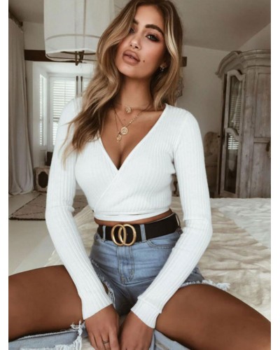 Women Sexy Crop Top Long Sleeve V Neck Strappy T Shirt Chic  Modern Spring Summer