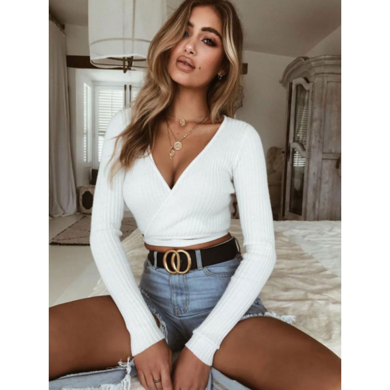 Women Sexy Crop Top Long Sleeve V Neck Strappy T Shirt Chic  Modern Spring Summer