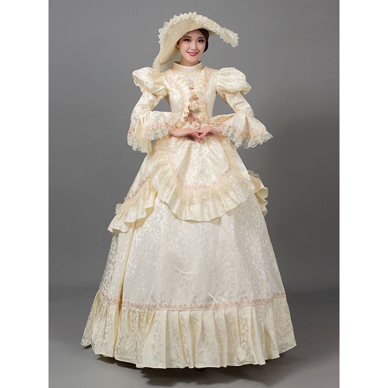 Women Beige Retro Costumes 's Floral Print Lace Ruffles Polyester Hat Dress Marie Antoinette Costume 18th Century Costume Tunic Vintage Euro-Style