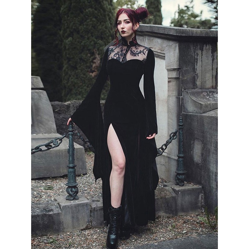 Black Gothic Dress Bell Long Sleeves Lace Lolita Dress