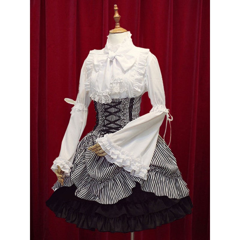 Black White Stripe High Waist Lolita Skirt Cotton Lace Up Gothic Fall Daily Casual