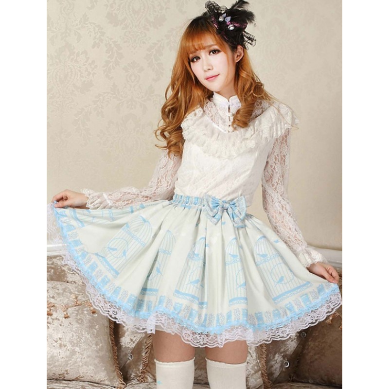 Elegant Blue Lace Bow Lolita Skirt Spring Daily Casual