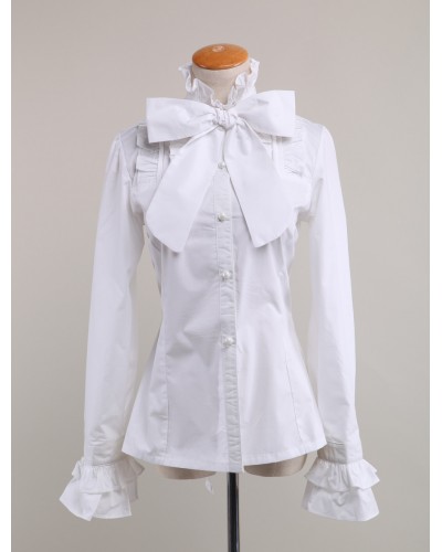 Sweet Lolita Blouse Long Sleeves White Cotton Stand Collar Bow Ruffles