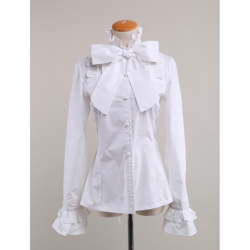 Sweet Lolita Blouse Long Sleeves White Cotton Stand Collar Bow Ruffles