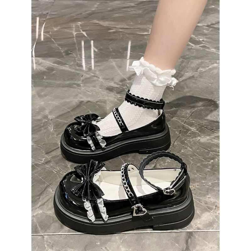 ROCOCO Style Lolita Footwear Black Ruffles Bows PU Leather Chunky Heel Lolita Pumps Shoes