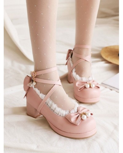 Sweet Lolita Footwear Bows Ruffles Leather Chunky Heel Lolita Pumps Daily Casual