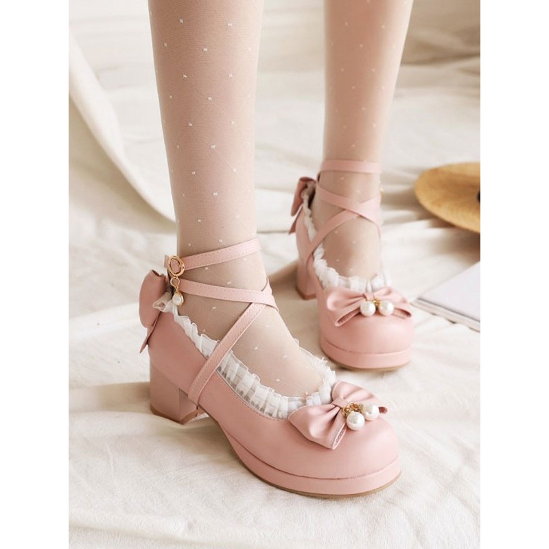 Sweet Lolita Footwear Bows Ruffles Leather Chunky Heel Lolita Pumps Daily Casual