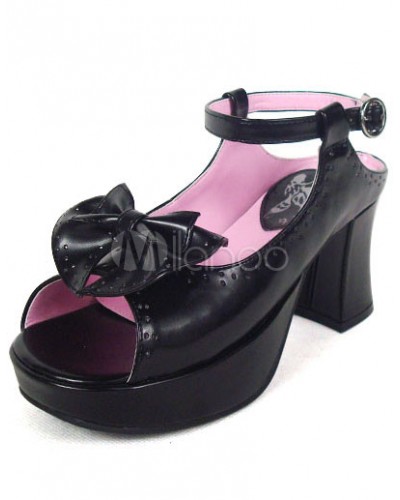 Fashional Black 3'' Chunky Heel Platform Bow Ankle Strap Lolita Sandals