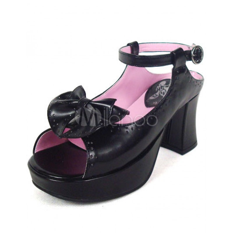 Fashional Black 3'' Chunky Heel Platform Bow Ankle Strap Lolita Sandals