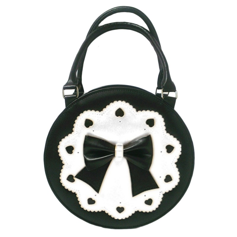 Round Lolita Bow Decor White Embroidery Heart Hollow Handbag Daily Casual