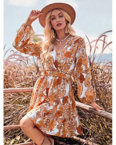 Women Boho Dress Sash V-Neck Lantern Sleeves Floral Beach Mini Dress Casual Bohemian Spring Fall