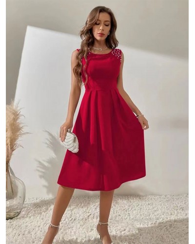 Women Party Dresses Red Jewel Neck Studded Sleeveless Layered Semi Formal Dress Sexy Elegant Summer