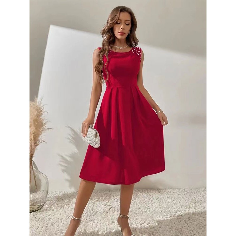 Women Party Dresses Red Jewel Neck Studded Sleeveless Layered Semi Formal Dress Sexy Elegant Summer